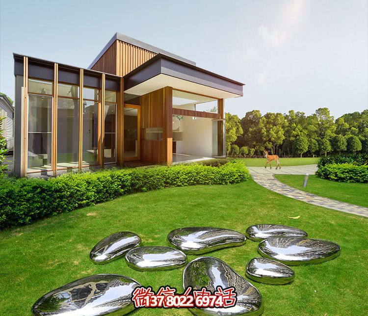 高端室內草坪裝飾，不銹鋼雕塑鏡面石頭安放