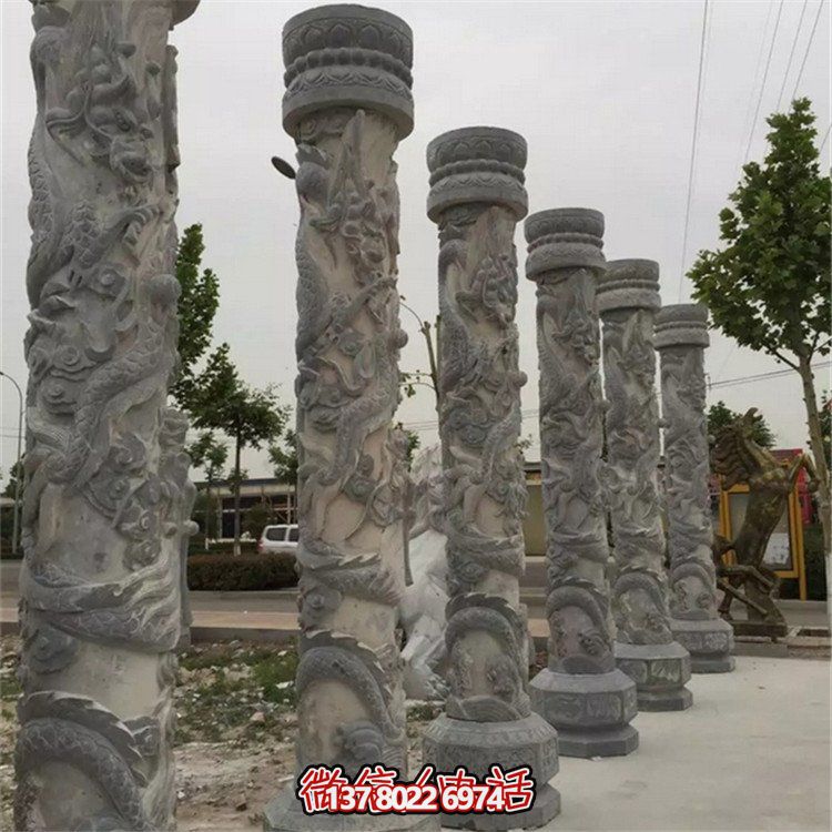 天然大理石浮雕龍盤柱，裝飾園林廣場的精美擺件