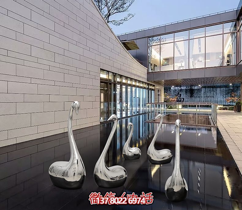 不銹鋼創(chuàng)意天鵝雕塑，鏡面水中裝飾別墅