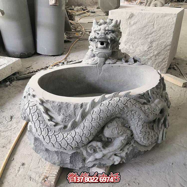 仿古石缸水缸青石龍形浮雕雕塑，為您的庭院增添一抹古樸