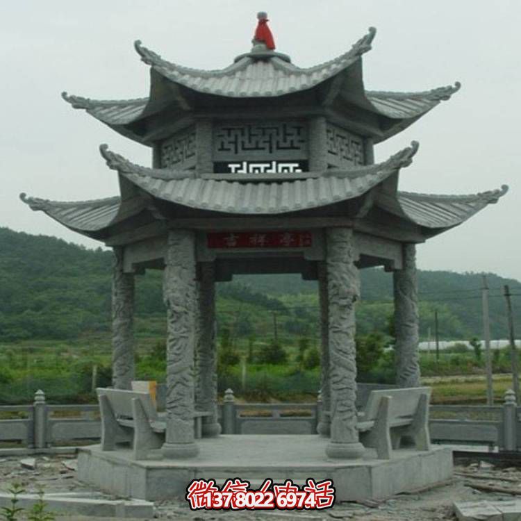 景區(qū)戶(hù)外擺放青石浮雕龍紋柱雙層涼亭雕塑