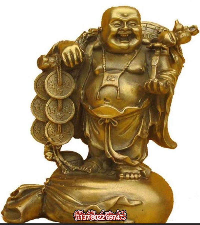 戶外噴金烤漆扛著銅錢的彌勒佛雕塑 戶外噴金烤漆扛著銅錢的彌勒佛雕塑