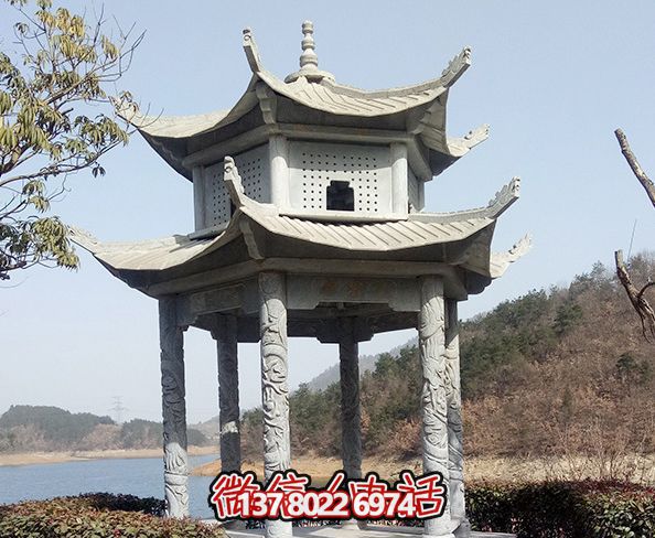 湖邊景區擺放仿古建筑二層青石涼亭 湖邊景區擺放仿古建筑二層青石涼亭